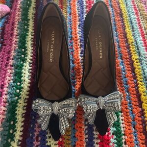 Kurt Geiger Black Flats with Silver Embellished Bow
